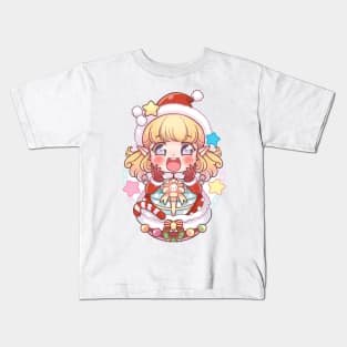 Cute Chibi Blonde Elf Santa Girl Christmas Cartoon Kids T-Shirt